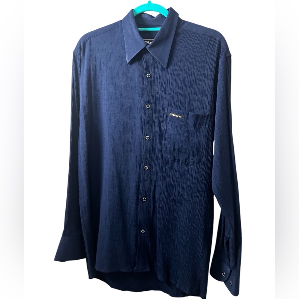 Versace vintage mens long sleeve navy blue button down shirt